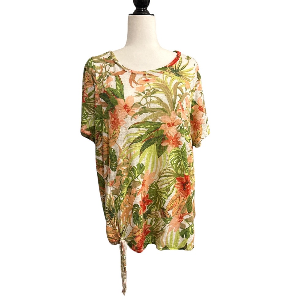 J. Jill Love Linen Floral Print Tie-Front Short‎ Sleeve Top Women's Size 2X